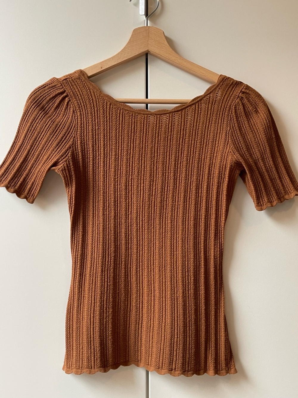 Sezane Romy Jumper Knit Crew Neck Scoop Back Short Sleeve Top Blouse XS Coffee